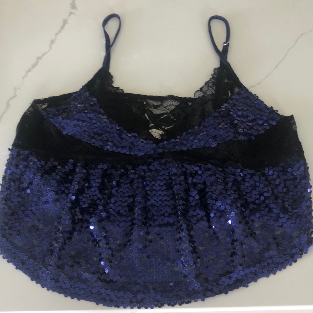 Free People Blue Sequin Crop Tank - Size Small